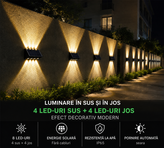 Set 2x Lampă Solară Bidirectionala pentru Exterior – Iluminare Decorativă Sus & Jos | 8 LED-uri | IP65 | Încărcare Solară Automată