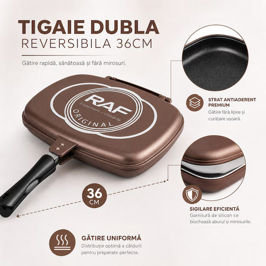 Tigaie Dubla Reversibila, 36cm, Strat Antiaderent, Gatire Rapida, Pentru Fripturi si Legume