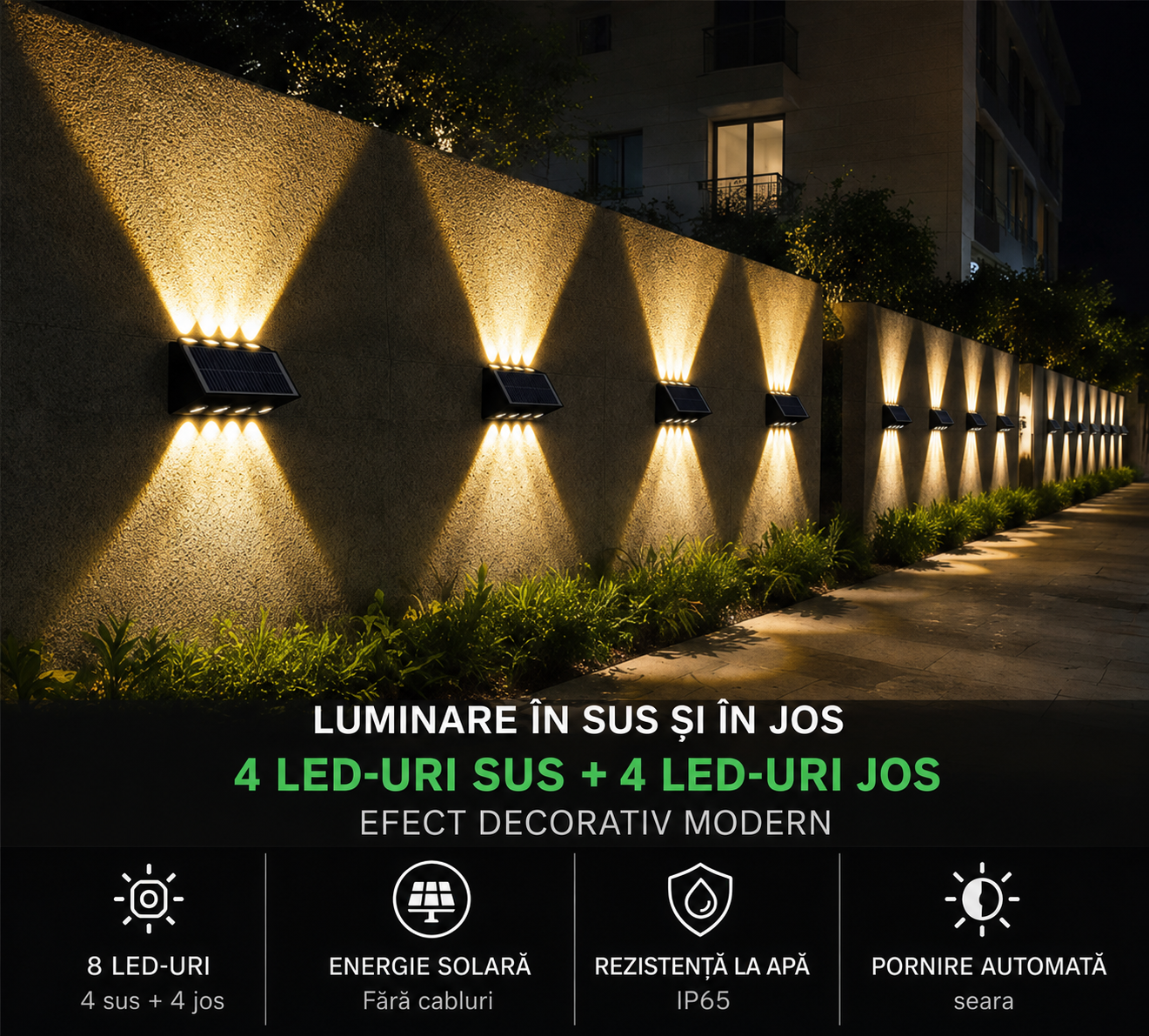 Set 4x Lampă Solară Bidirectionala pentru Exterior – Iluminare Decorativă Sus & Jos | 8 LED-uri | IP65 | Încărcare Solară Automată
