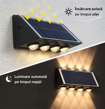 Set 4x Lampă Solară Bidirectionala pentru Exterior – Iluminare Decorativă Sus & Jos | 8 LED-uri | IP65 | Încărcare Solară Automată