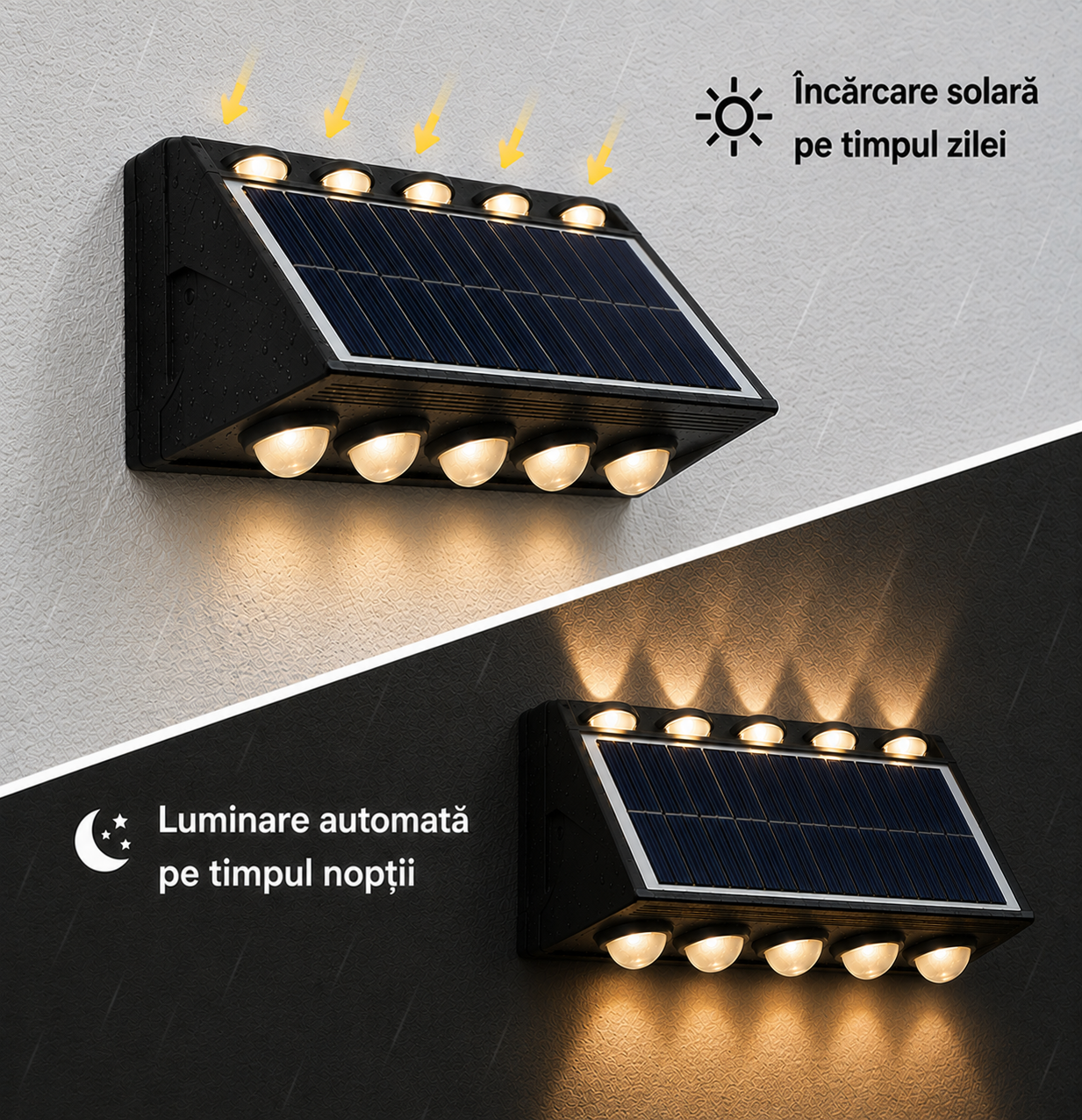 Set 4x Lampă Solară Bidirectionala pentru Exterior – Iluminare Decorativă Sus & Jos | 10 LED-uri | IP65 | Încărcare Solară Automată