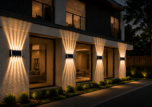 Set 4x Lampă Solară Bidirectionala pentru Exterior – Iluminare Decorativă Sus & Jos | 12 LED-uri | IP65 | Încărcare Solară Automată
