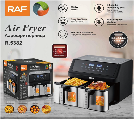 Air Fryer Dual Zone, 9L (2x4.5L), 2000W, Friteuza cu Aer Cald, 2 Cosuri Independente
