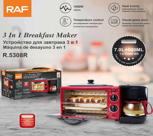 Cuptor Electric Multifuncțional 3 în 1, 1050W, Cuptor 7L + Cafetieră 600ml + Tigaie Grill