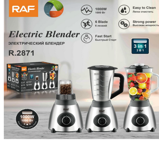 Blender electric 3 în 1, 1000W, vas de sticlă de 1.5L, bol și râșniță din oțel inoxidabil