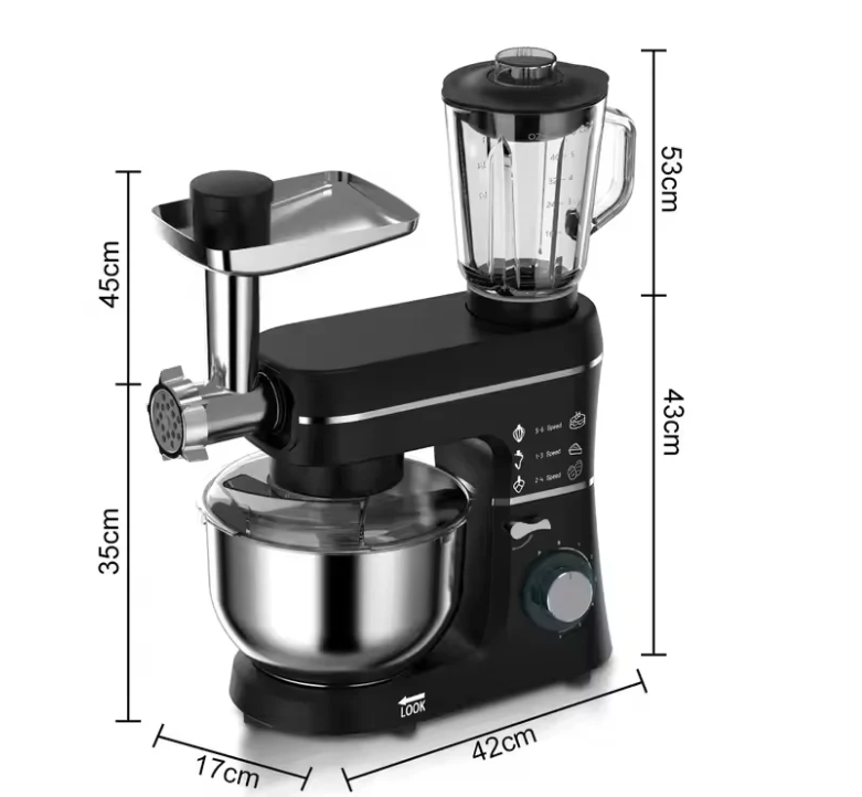 Mixer Planetar Multifuncțional, 5 în 1, 1400W, Bol Inox 10L, Blender și Mașină de Tocat Carne, 6 Viteze