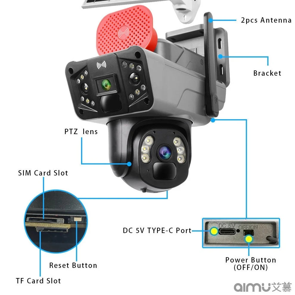Camera De Supraveghere Dubla, Panou Solar, Conexiune 5G SIM Slot, 8MP FULL HD, 355°, Impermeabil, Alarma, Tracking, Microfon