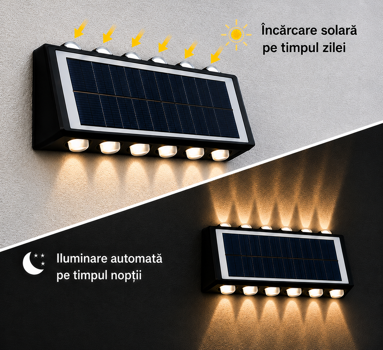Set 4x Lampă Solară Bidirectionala pentru Exterior – Iluminare Decorativă Sus & Jos | 12 LED-uri | IP65 | Încărcare Solară Automată