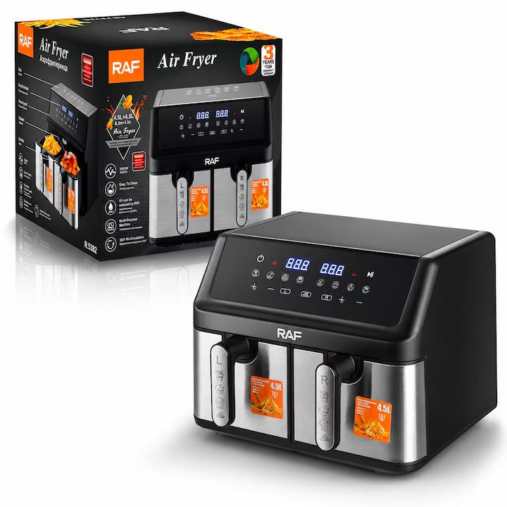 Air Fryer Dual Zone, 9L (2x4.5L), 2000W, Friteuza cu Aer Cald, 2 Cosuri Independente