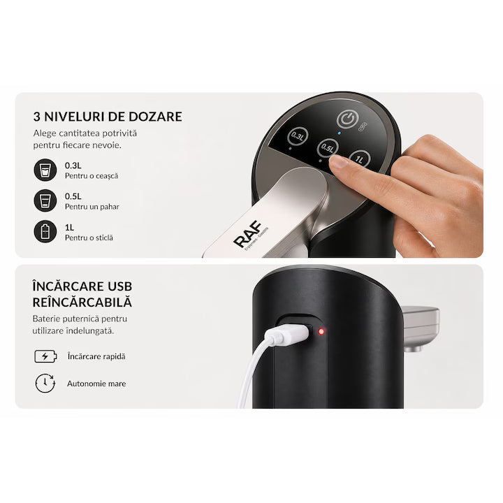 Pompa Electrica Apa Bidon 19L, Dozator Automat USB, 4W, Afisaj Touch cu 3 Trepte 0.3L / 0.5L / 1L, Incarcare USB, Dispenser Apa Portabil, Silentios, Universal, pentru Acasa, Birou, Camping + Instalare Usoara