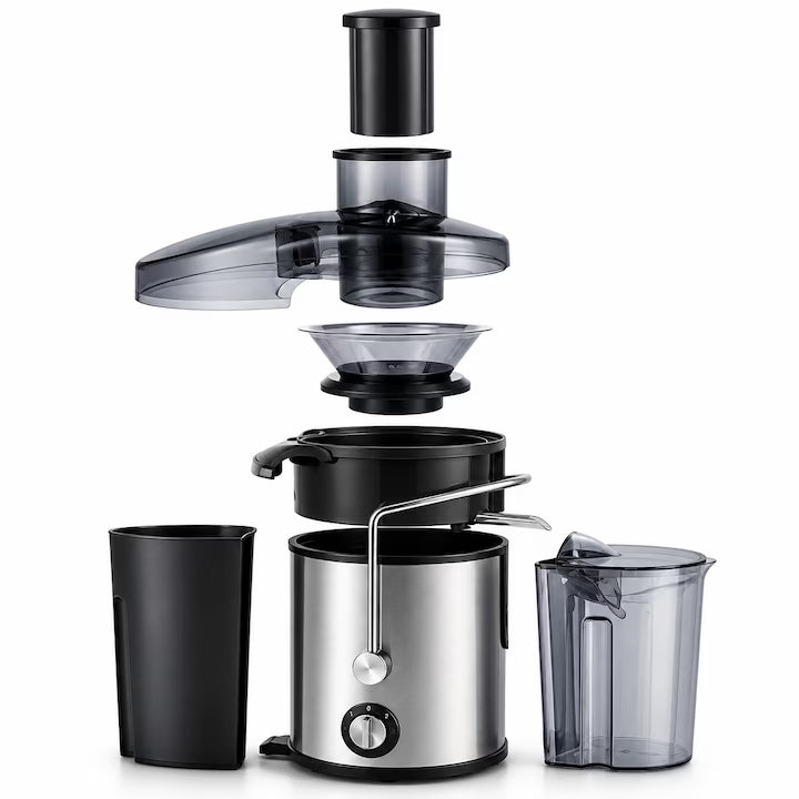 Storcator de Fructe si Legume, 1000W, 2 Viteze, Gura Larga 65 mm, Lama din Otel Inoxidabil, Recipient pentru Pulpa, Pahar pentru Suc, Sistem Anti-Picurare, Curatare Usoara, Extractie Rapida, Argintiu/Negru