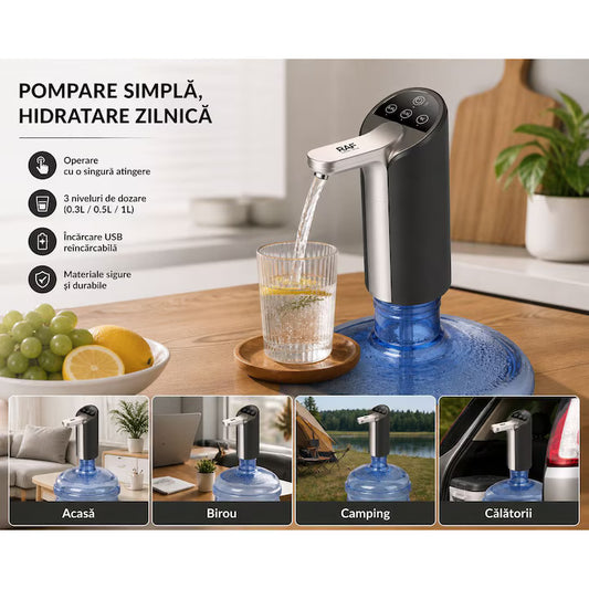 Pompa Electrica Apa Bidon 19L, Dozator Automat USB, 4W, Afisaj Touch cu 3 Trepte 0.3L / 0.5L / 1L, Incarcare USB, Dispenser Apa Portabil, Silentios, Universal, pentru Acasa, Birou, Camping + Instalare Usoara