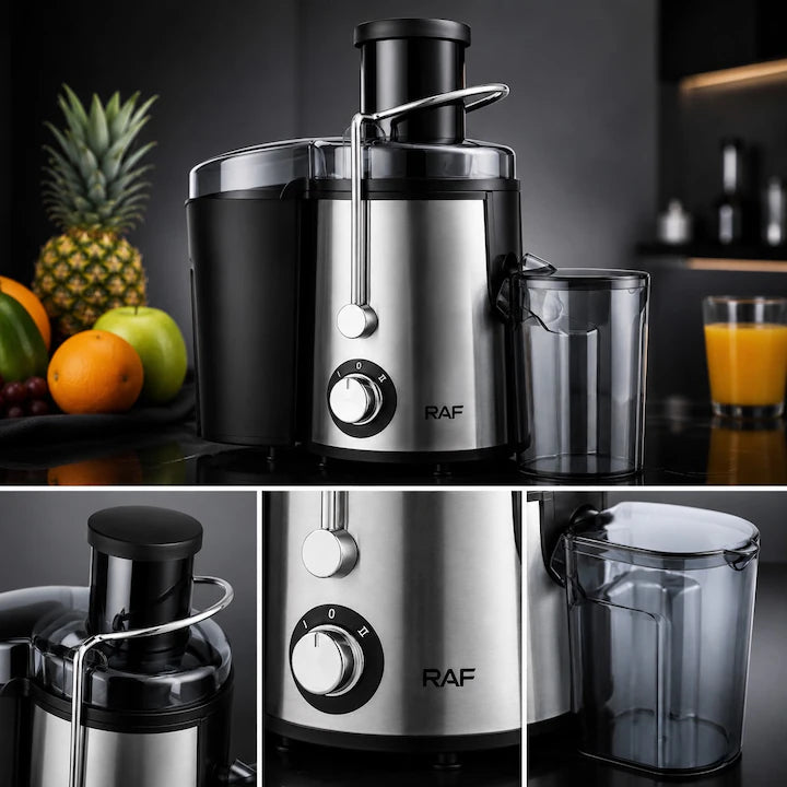 Storcator de Fructe si Legume, 1000W, 2 Viteze, Gura Larga 65 mm, Lama din Otel Inoxidabil, Recipient pentru Pulpa, Pahar pentru Suc, Sistem Anti-Picurare, Curatare Usoara, Extractie Rapida, Argintiu/Negru