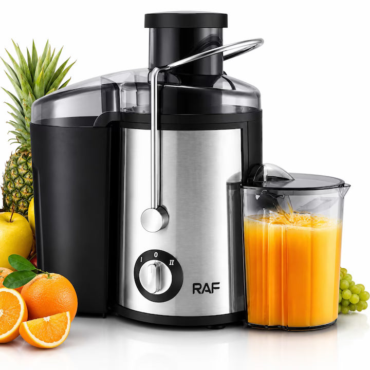 Storcator de Fructe si Legume, 1000W, 2 Viteze, Gura Larga 65 mm, Lama din Otel Inoxidabil, Recipient pentru Pulpa, Pahar pentru Suc, Sistem Anti-Picurare, Curatare Usoara, Extractie Rapida, Argintiu/Negru