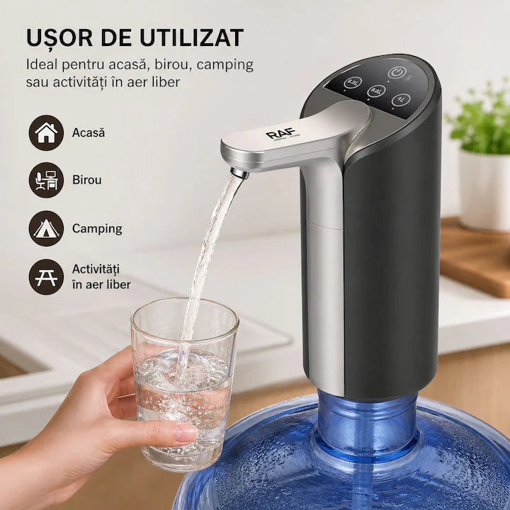 Pompa Electrica Apa Bidon 19L, Dozator Automat USB, 4W, Afisaj Touch cu 3 Trepte 0.3L / 0.5L / 1L, Incarcare USB, Dispenser Apa Portabil, Silentios, Universal, pentru Acasa, Birou, Camping + Instalare Usoara