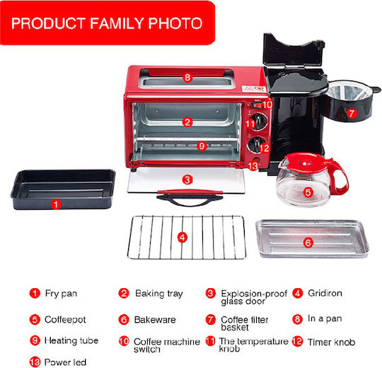 Cuptor Electric Multifuncțional 3 în 1, 1050W, Cuptor 7L + Cafetieră 600ml + Tigaie Grill
